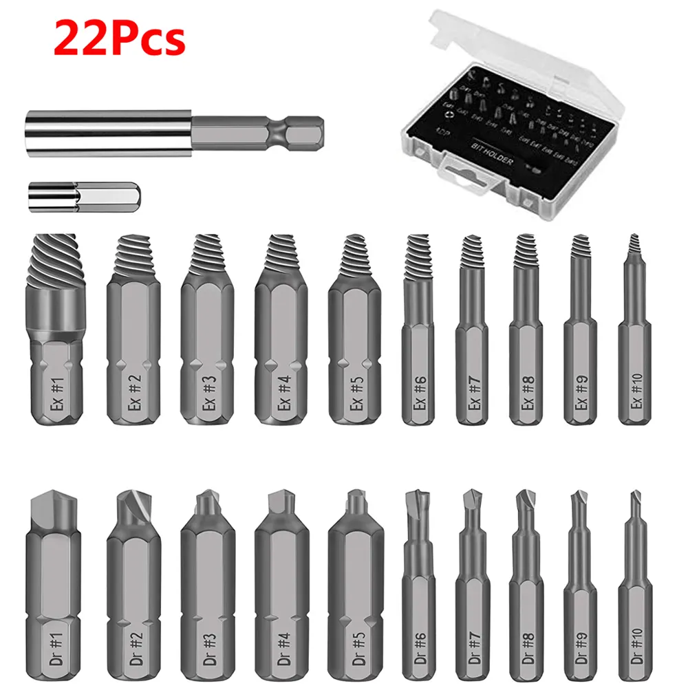 22pcs/set Damaged Screw Extractor Drill Bits Guide Set HSS Broken Speed Out Easy out Bolt Stud Stripped Screw Remover Tool Set