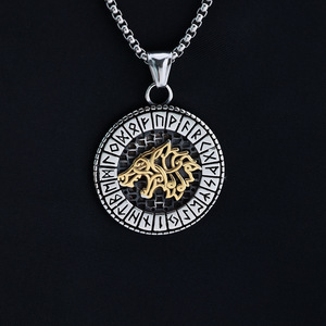 Vintage Nordic <b>Style</b> Geometric Asymmetrical Men's Stainless Steel Wolf <b>Head</b> Pendant Necklace Viking Rune Design for Fashion - Product Image 4