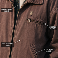 Veste ample vintage pour homme en toile délavée pigmentée mauve poussiéreuse, doublée de flanelle à carreaux, avec poche poitrine zippée