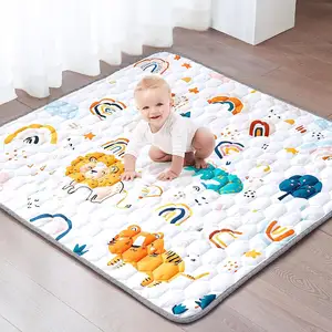 Machine Washable Organic Baby Playmat Floor 100& Cotton Baby Play Mat Non-Slip Cushioned Baby Playpen Mat for Playing