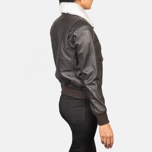 Chaqueta Bomber de Cuero Genuino para Mujer con Cuello de Piel y Cierre de Cremallera, Chaqueta Moto de Cuero Genuino Marrón para Mujer - Product Image 2