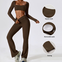 Ensemble de sport respirant uni pour femme, avec leggings évasés froncés aux fesses et haut à manches longues, taille haute élastique, grande taille, pour yoga, gym et fitness