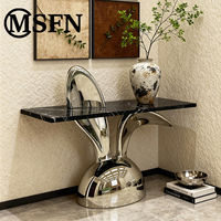 Table console moderne MSFN en forme de lapin, plateau en marbre noir, base renforcée en fibre de verre - Durable, facile à nettoyer, salon, chambre à coucher