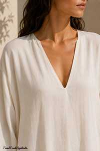 White Womens Linen/Cotton <b>Kaftan</b> <b>Dress</b> V Neck Casual Maxi Eco-Friendly A-Line Vacation Outfit Loose Resort Wear Beach Cover B2B - Product Image 1