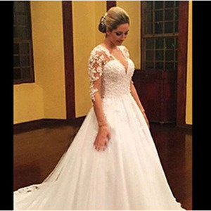 <b>White</b> Ball Gown Wedding Dress V Neck <b>Lace</b> Vintage Style Natural Waistline Polyester Fiber 1611 - Product Image 1