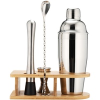Ensemble de shaker à cocktails en acier inoxydable, 4 pièces, outils de bar avec support en bois de bambou, doseur, pilon, cuillère de bar pour bar à domicile