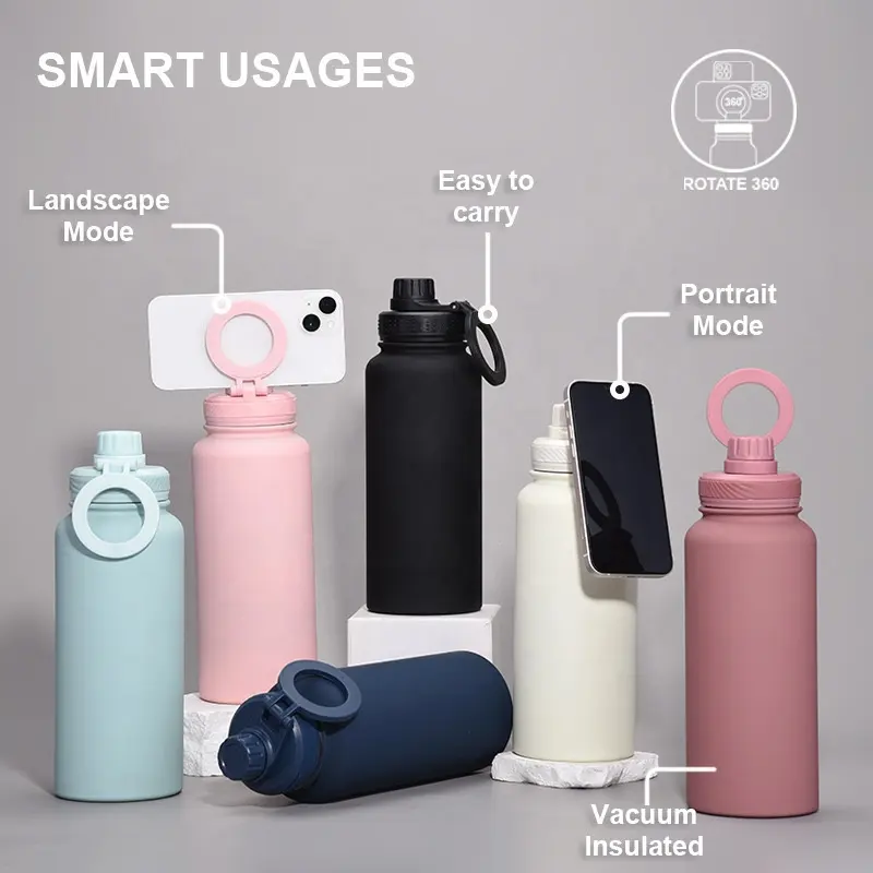 Trending 2024 tragbar laufen vakuum benutzerdefiniertes logo isoliert magnetische wasserflasche und thermosflasche mit magnetischem telefonhalter-deckel