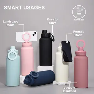 زجاجة مياه ترموس ومحمولة بعلامة تجارية مخصصة معزولة بفراغ تشغيل رائجة لعام 2024 مع غطاء حامل هاتف ممغنط