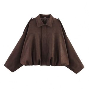 Design <b>Women</b> <b>Spring</b> Suede Bomber Jacket With Lapel <b>Coat</b> Vintage Long Sleeve Female Outerwear Chic - Product Image 2