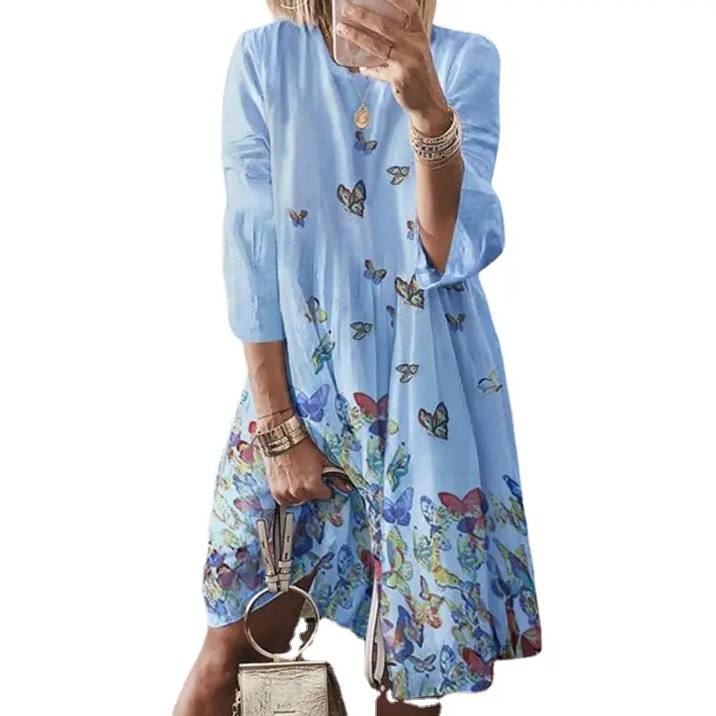 summer new women's vintage printed crewneck dress digital printed multi-color skirt dress