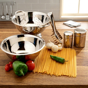 Juego de 5 uds. De tazón de comida aislado con diferentes tipos de acero inoxidable de alta durabilidad para uso doméstico en la cocina, incluye colador - Product Image 1
