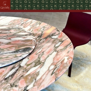 Mesa Redonda Giratoria de Mármol Rosa con Vetas Naranjas para Comedor de Villa de Lujo, Pedestal Híbrido de Mármol y Madera, OEM ODM - Product Image 5