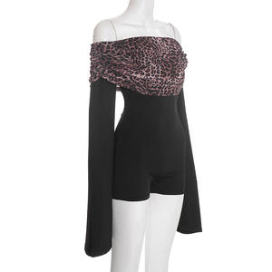 Combinaison femme Viviblook J25RP468, imprimé léopard, plissée, une pièce, col épaules dénudées, manches évasées - Product Image 4