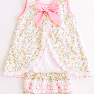 GBO0518 Ensemble de vêtements personnalisés pour fillette sans MOQ, fleurs roses, nœuds, sans manches, culottes courtes, vente en gros pour enfants - Product Image 1