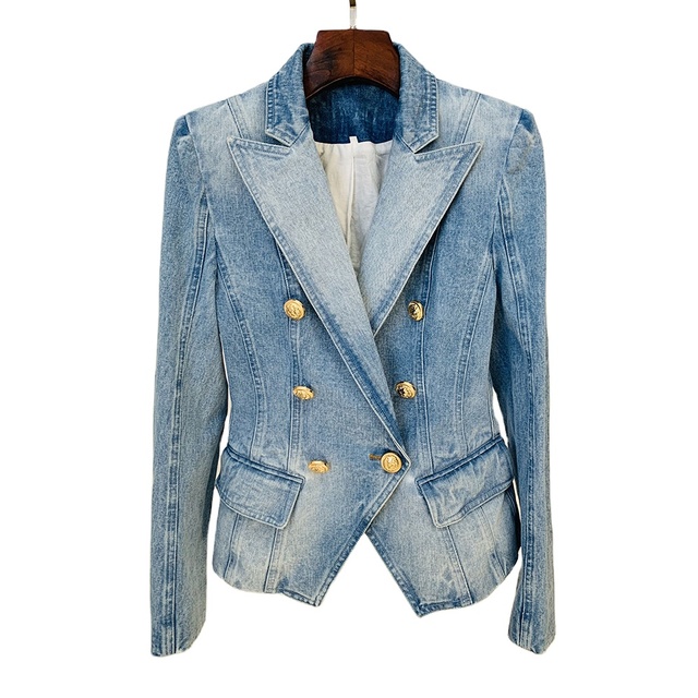 Fashion Designer Jeans Jacket for Girls Slim Fitting Double Breasted Blazer Lion Buttons Denim Blazers Women