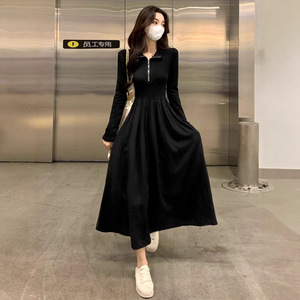 Women's Black Long Sleeve Dress Empire Waist Polo Neck Zipper Solid Color Casual Daily Wear - Product Image 1