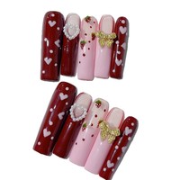 Tacana 10 pièces Faux ongles à presser faits main 4.0 Longs, motif nœud, cœur et taches, style européen tendance, complexes, à couverture complète