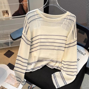 Ensemble pull en tricot fin rayé pour femmes, haut d'été deux pièces en polyester noir et blanc ZY51 - Product Image 5