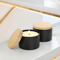 Pot à bougie rond RTS 4oz 65*H52mm noir et blanc vide avec couvercle en bois, boîte métallique en fer blanc pour emballage de bougies, impression sérigraphique