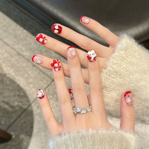 <span class=keywords><strong>Uñas</strong></span> Postizas Francesas Hechas a Mano con Diseño <span class=keywords><strong>de</strong></span> Gatito Navideño, Estampado <span class=keywords><strong>de</strong></span> Leopardo Corto en Rojo y Blanco para Dedos - Product Image 4