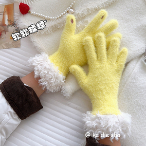 Gants en peluche coréens pour femmes mitaines de cyclisme d'<span class=keywords><strong>hiver</strong></span> tricotées épaissies et chaudes pour le ski, la fête quotidienne et le toucher. - Product Image 3