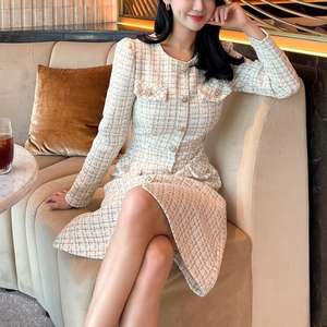 Personnalisé Automne Hiver Décontracté Vintage Couleur Unie Col Ras Du Cou A-ligne Bouton Poches Mini Manches Longues Femmes Tweed <span class=keywords><strong>Robe</strong></span> Blanc Élégant - Product Image 4