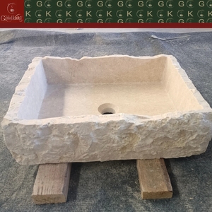 Vasque <span class=keywords><strong>de</strong></span> salle <span class=keywords><strong>de</strong></span> bain GOLDKING à poser sous le meuble, en pierre calcaire artisanale, beige, bord brut, sculptée avec précision, prête à l'installation - Product Image 2