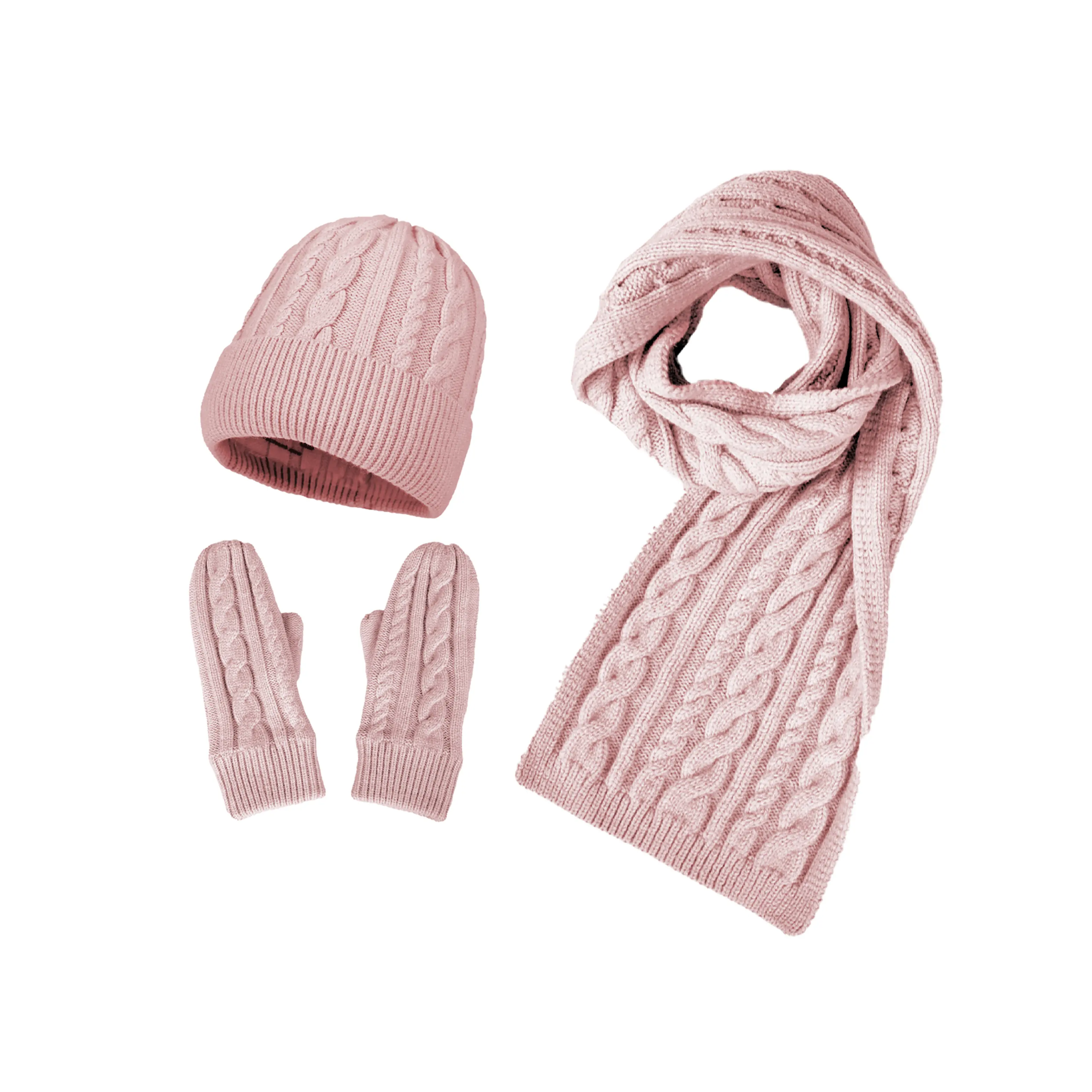 Wholesale winter beanie hat scarf gloves set outdoor 3 pieces women custom logo warm knitted hat scarf gloves