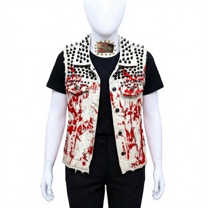 <b>Women's</b> Real Leather Punk Style <b>Vest</b> With Rivet Decoration Hand Painted Blood Splatter Turn-<b>down</b> Collar Single Breasted Outer We - Product Image 1