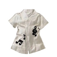 Chemisier en pur coton style Spicy Girl avec imprimé notes de musique, col Claudine, pour femme, coupe ajustée, manches courtes, idéal pour le quotidien