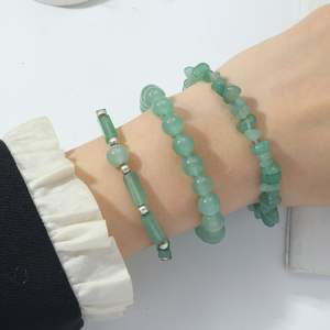 Set Gelang Batu Permata Ukiran Ramah Lingkungan 3-Piece untuk Pria & Wanita 8mm Batu Hijau Pasir Emas & Gelang Elastis Batu Giok - Product Image 2