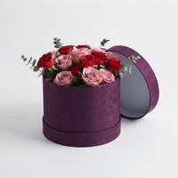 Boîte à fleurs ronde violette avec logo personnalisé, boîte à chapeau de luxe en tissu de lin, boîte cylindrique rigide, emballage cadeau en gros