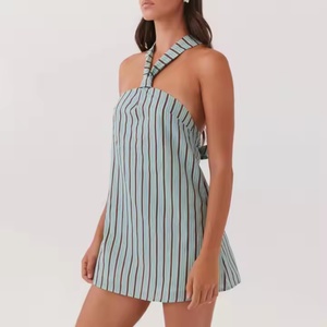 Robe Courte en Lin Rayée Chic et Élégante pour Femme, Col Halter Sans Manches, Décontractée et Modeste, Personnalisable (OEM) - Product Image 4