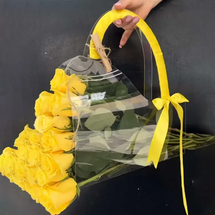 人気のバラの花プラスチックスリーブ透明花包装キャリアバッグ防水花トートバッグ
