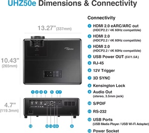 Projecteur Optoma UHZ50e/UHZ55 4K UHD avec mode de jeu amélioré, latence d'entrée de 4 ms, HDR HLG et luminosité de 2500 lumens - Product Image 5