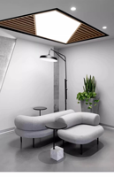 Canapé modulaire en bouclette, canapé lounge à profil bas avec dossier à traverses, assise incurvée et arrondie pour hall d'hôtel, salle d'attente, salon