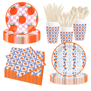 DAMAI <b>Orange</b> Fruit Themed Party Tableware Set Disposable <b>Paper</b> Plates Cups Napkins for Birthday Event Party Decorations - Product Image 1