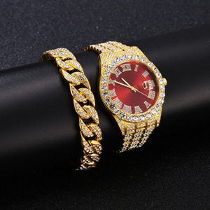 Reloj de Lujo con Incrustaciones de Diamantes, Correa Dorada, Esfera Roja, Reloj de Pulsera de Cuarzo con Diamantes Completos, Logotipo Personalizado, Reloj de Negocios para Hombre - Product Image 3