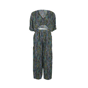 ชุดเซ็ตเสื้อครอปแขนทรงปีกค้างคาวคอวีพิมพ์ลายแบรนด์ส่วนตัว กางเกงขายาวทรงกว้าง 2 ชิ้น สำหรับผู้หญิง เป็นมิตรกับสิ่งแวดล้อม ระบายอากาศได้ดี เหมาะสำหรับฤดูร้อน - Product Image 5