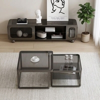 Ensemble meuble TV et table basse en bois couleur crème, petit format, idéal pour salon, canapé, maison, populaire, tendance, moderne, sur pied