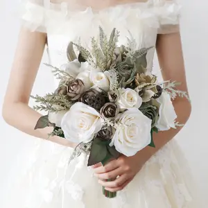 绢花制造商花环派对装饰复古人造丝玫瑰新娘鲜花花束婚礼仿花