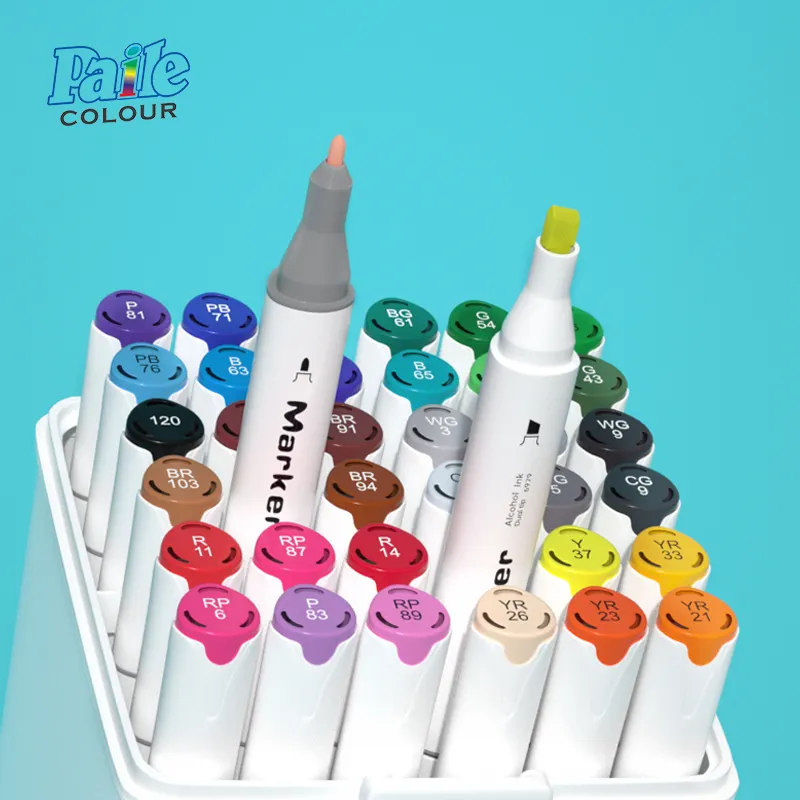 قلم تحديد بطرف مزدوج 24 لونًا طرف متوسط ومسمار بسن واسع وطقم علامات فنية بطرفين بالفصوص الكحولية للرسم الفني # 6979-24