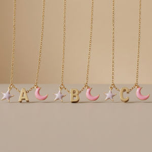 Collier délicat en acier inoxydable plaqué or 18 carats N14Y avec initiale, breloques étoile et lune en émail rose, personnalisé, tendance, céleste - Product Image 1