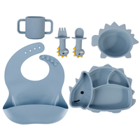 Nouvel ensemble d'alimentation pour bébé sans BPA : assiette, bol, bavoir, tasse et couverts en silicone à ventouse, motif dinosaure, pour l'apprentissage des enfants