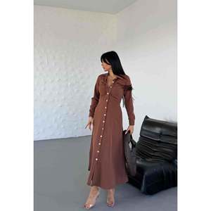 Vestido Camisero Marrón de Manga Larga con Botones al Frente, Vestido Casual Midi para Mujer, Talla S - Product Image 2