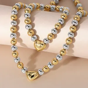 Wholesale Custom Fine Fashion Jewelry 18K Gold Plated Brass 2 Colors Bead Beaded Necklace Heart Pendant Necklace For Women