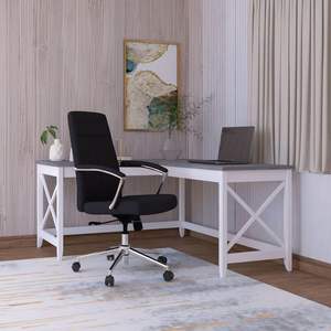 Escritorio en Forma de L Alera Estilo Farmhouse, 58.27" X 58.27" X 29.53", Gris/Blanco, Espacio de Trabajo, Mesa de Computadora de Madera Sólida, Plegable para Hoteles - Product Image 5