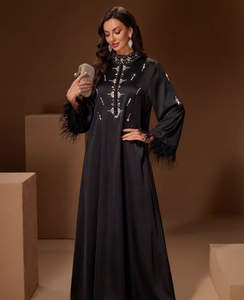 Robe Abaya élégante Leduo personnalisée pour femme, style Dubaï, avec poignets doublés de fourrure, coupe ample, longueur ras du sol, adaptée à toutes les occasions - Product Image 3