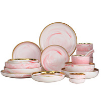 Service de table en céramique et porcelaine de luxe, design moderne avec incrustations en marbre rose et or, pour mariage et usage domestique, OEM/ODM disponible