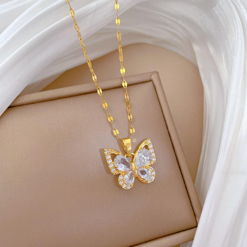Zircon Butterfly Necklace - Gold